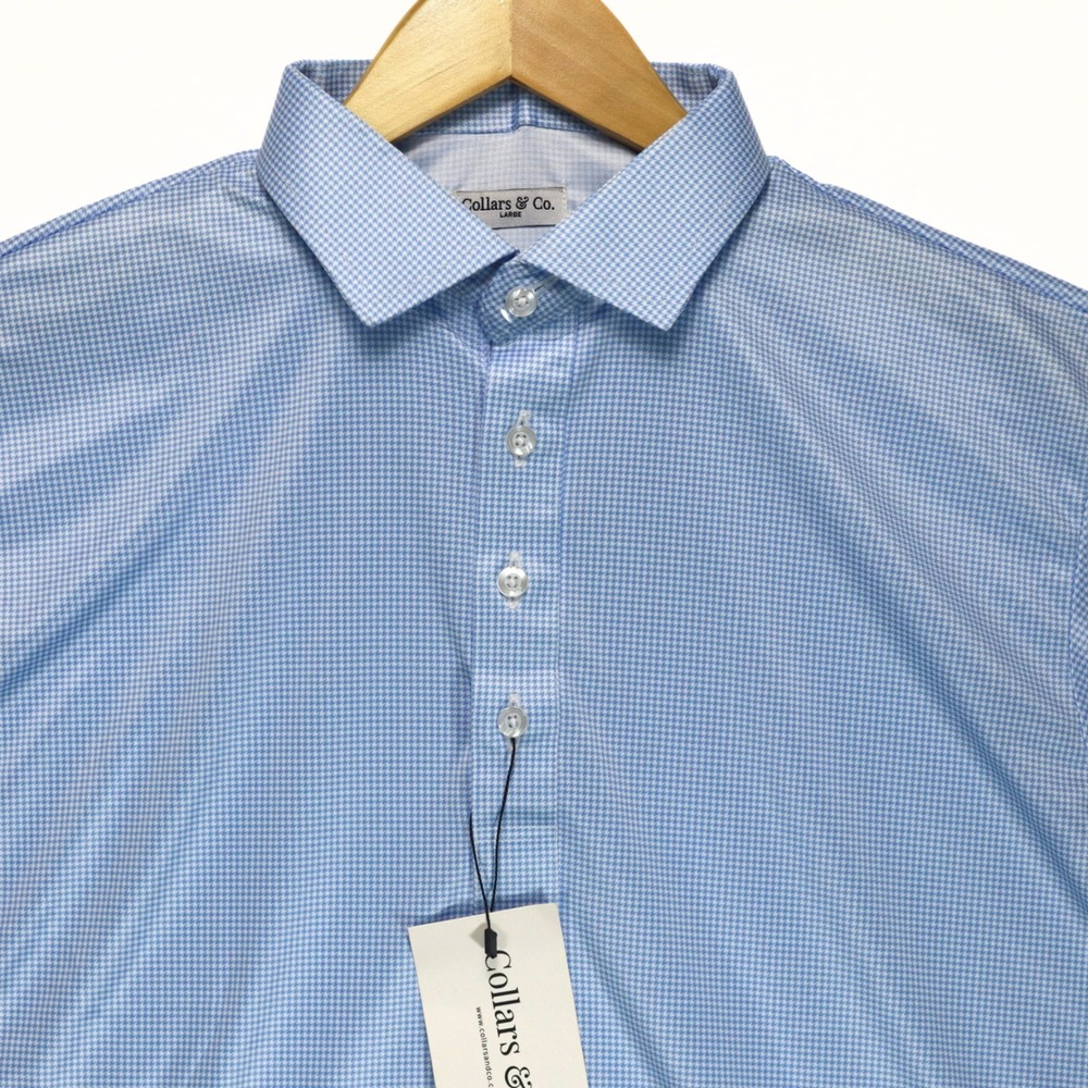 Collars & Co Dress Collar Polo Mens L NWT Blue Houndstooth Performance Business